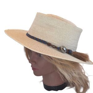 SunBody Fine Palm Teardrop Hat Horse Hair Tassels Silver Star UPF 50 sz 55 6-7/8